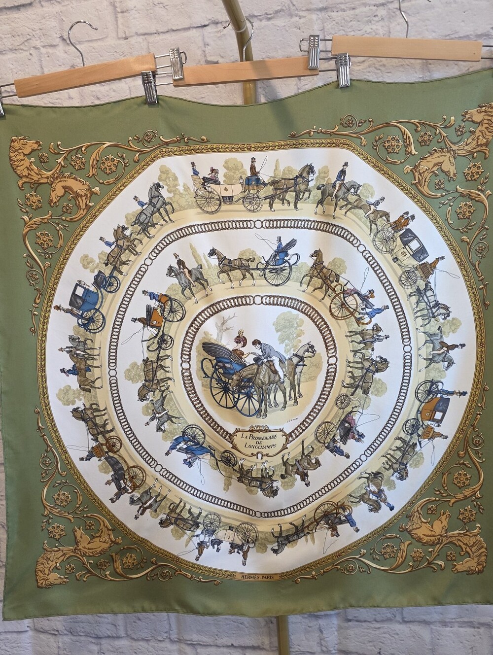 Vintage Hermès "La Promenade de Longchamps" 90cm Silk Scarf - Rare Sage Green
